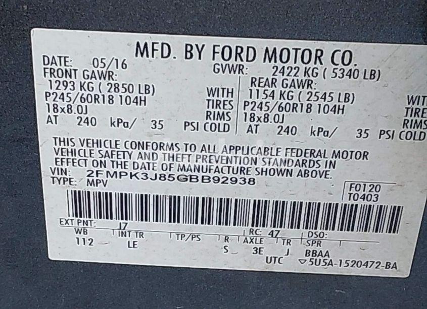 Photo 9 of 2016 Ford Edge SEL (VIN 2FMPK3J85GBB92938)