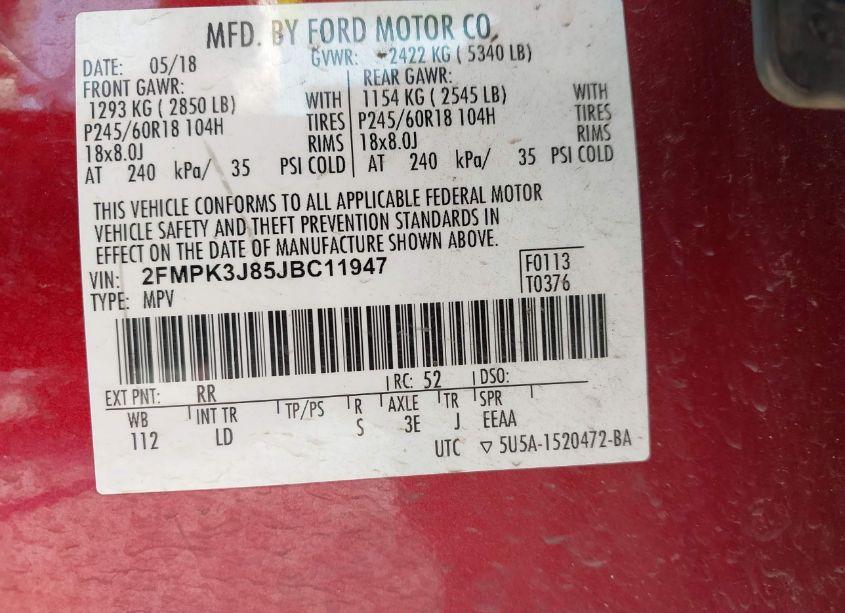 Photo 9 of 2018 Ford Edge SEL (VIN 2FMPK3J85JBC11947)