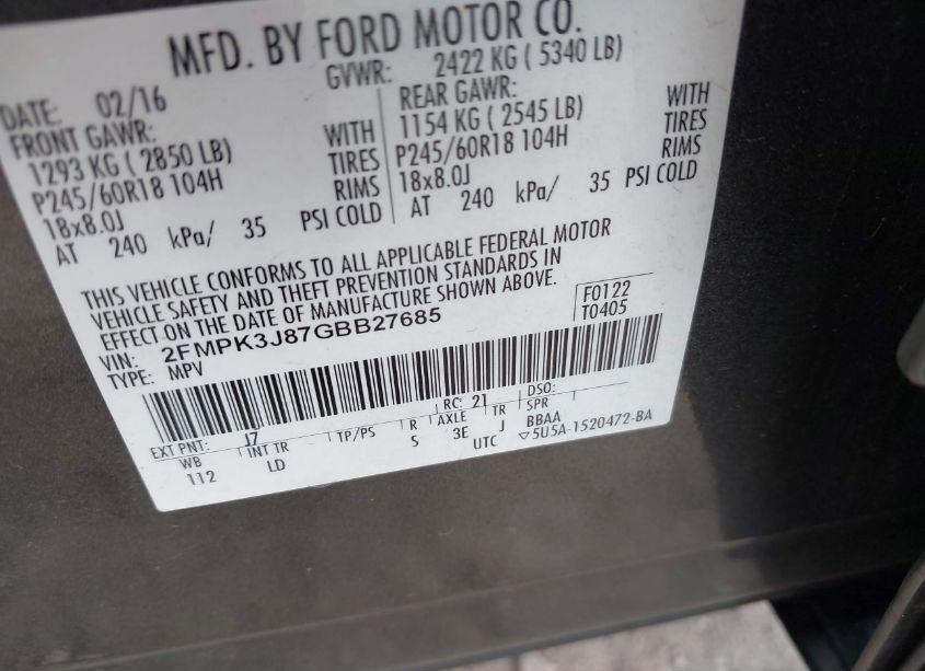 Photo 9 of 2016 Ford Edge SEL (VIN 2FMPK3J87GBB27685)