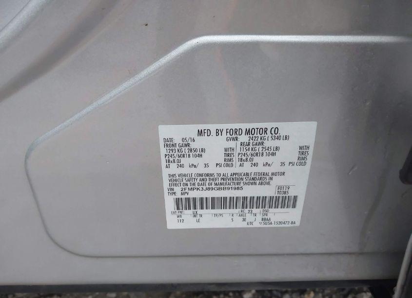 Photo 9 of 2016 Ford Edge SEL (VIN 2FMPK3J89GBB91985)