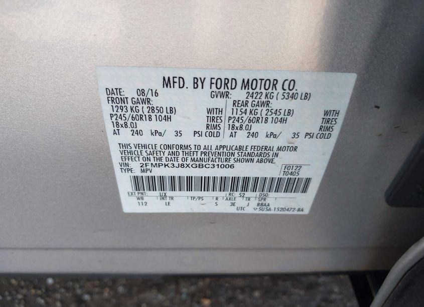 Photo 9 of 2016 Ford Edge SEL (VIN 2FMPK3J8XGBC31006)