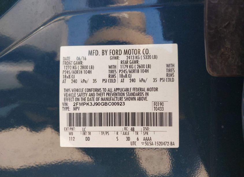 Photo 9 of 2016 Ford Edge SEL (VIN 2FMPK3J90GBC00923)