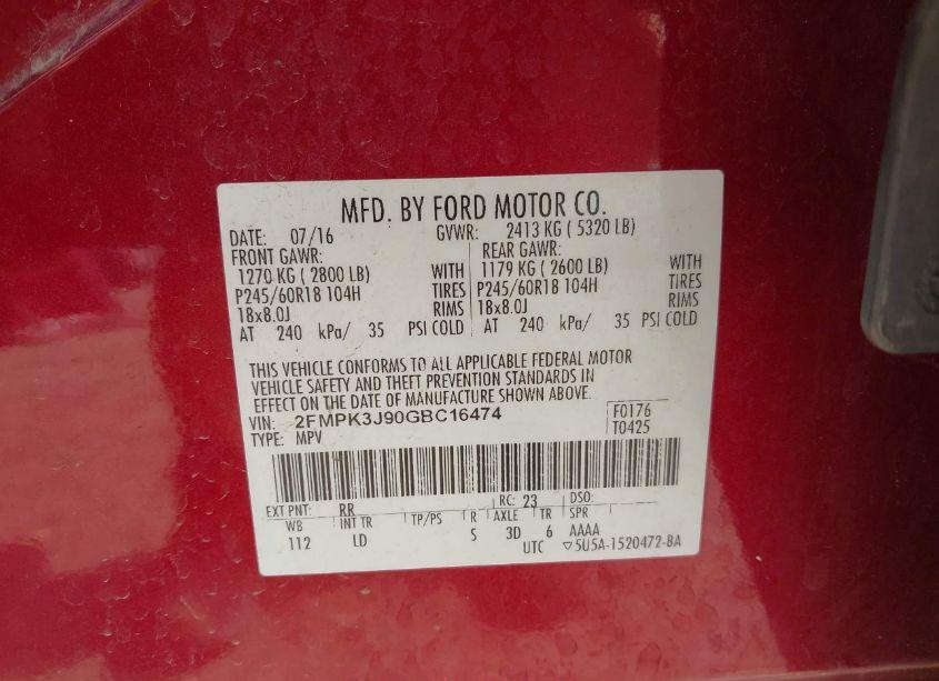 Photo 9 of 2016 Ford Edge SEL (VIN 2FMPK3J90GBC16474)