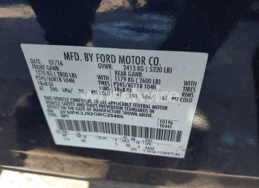 Photo 9 of 2016 Ford Edge SEL (VIN 2FMPK3J92GBC25466)