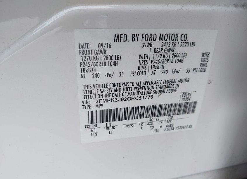 Photo 9 of 2016 Ford Edge SEL (VIN 2FMPK3J92GBC51775)