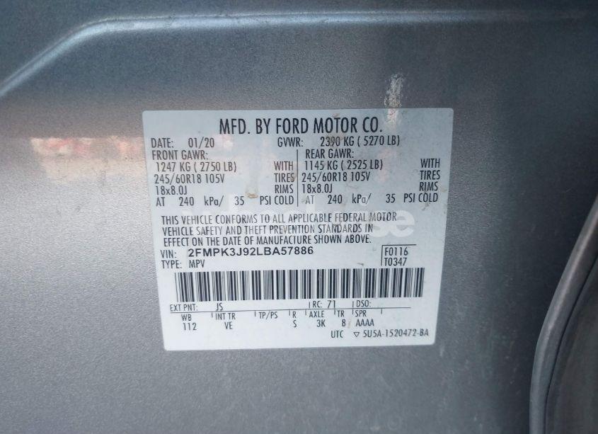 Photo 9 of 2020 Ford Edge SEL (VIN 2FMPK3J92LBA57886)