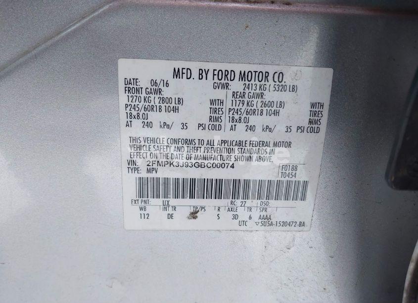 Photo 9 of 2016 Ford Edge SEL (VIN 2FMPK3J93GBC00074)