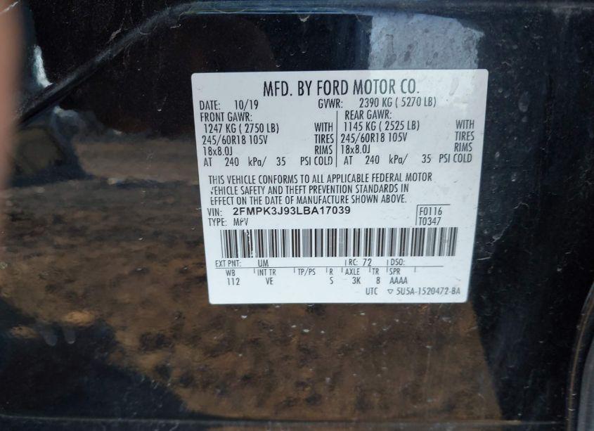 Photo 9 of 2020 Ford Edge SEL (VIN 2FMPK3J93LBA17039)