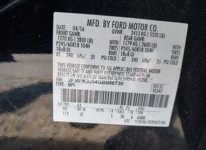 Photo 9 of 2016 Ford Edge SEL (VIN 2FMPK3J94GBB66730)