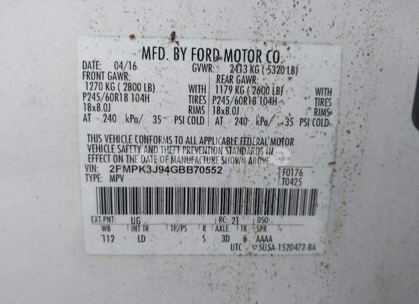 Photo 9 of 2016 Ford Edge SEL (VIN 2FMPK3J94GBB70552)