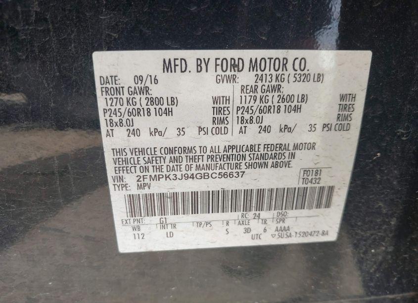 Photo 9 of 2016 Ford Edge SEL (VIN 2FMPK3J94GBC56637)