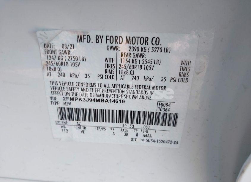 Photo 9 of 2021 Ford Edge SEL (VIN 2FMPK3J94MBA14619)