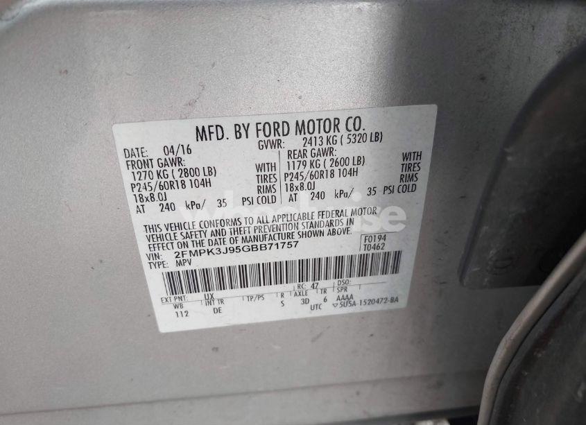 Photo 9 of 2016 Ford Edge SEL (VIN 2FMPK3J95GBB71757)