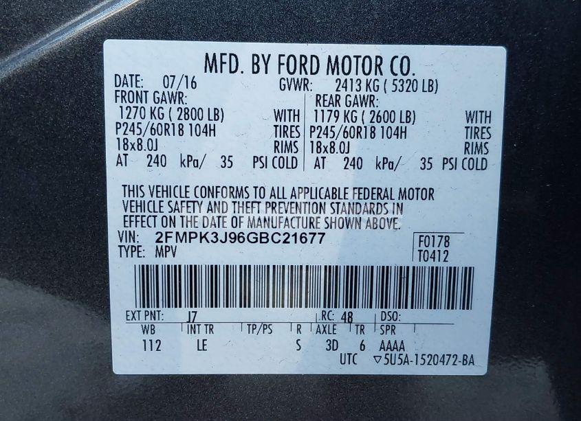 Photo 9 of 2016 Ford Edge SEL (VIN 2FMPK3J96GBC21677)