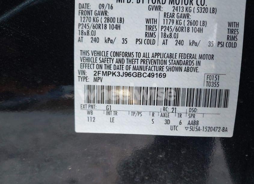 Photo 9 of 2016 Ford Edge SEL (VIN 2FMPK3J96GBC49169)