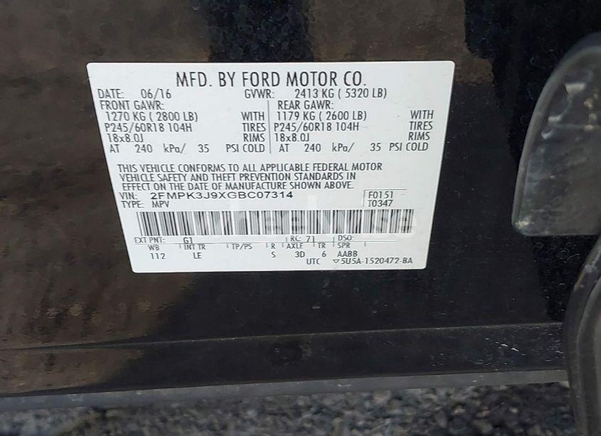 Photo 9 of 2016 Ford Edge SEL (VIN 2FMPK3J9XGBC07314)