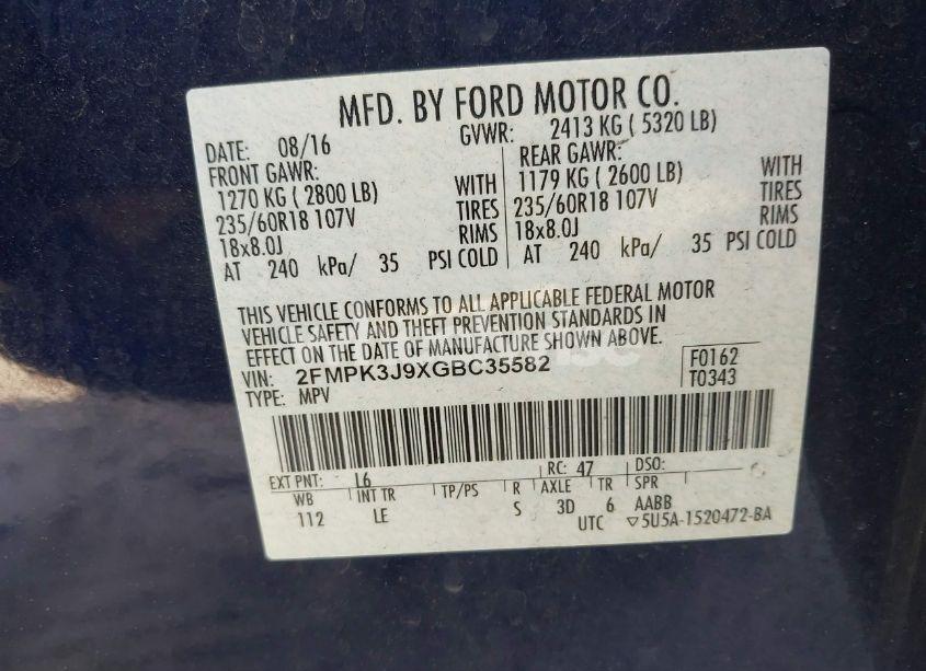 Photo 9 of 2016 Ford Edge SEL (VIN 2FMPK3J9XGBC35582)