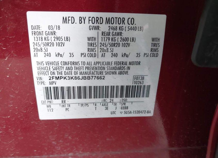 Photo 9 of 2018 Ford Edge TITANIUM (VIN 2FMPK3K86JBB77662)