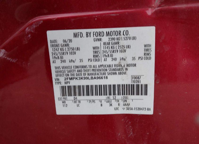 Photo 9 of 2020 Ford Edge TITANIUM (VIN 2FMPK3K99LBA96618)