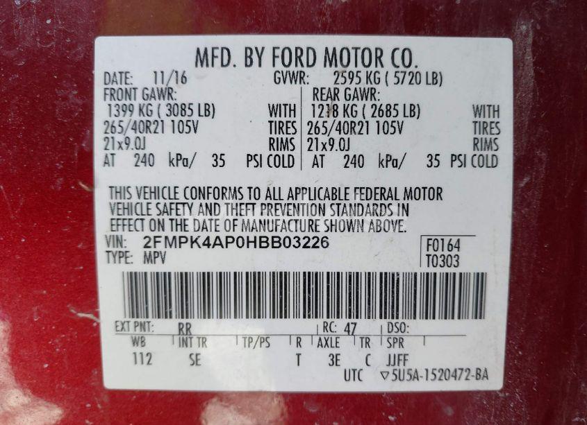 Photo 9 of 2017 Ford Edge SPORT (VIN 2FMPK4AP0HBB03226)