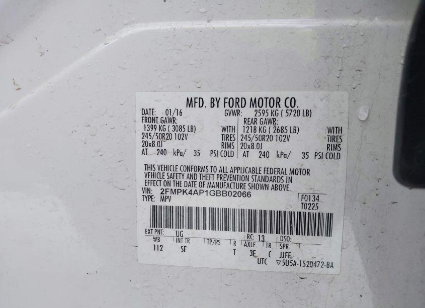 Photo 9 of 2016 Ford Edge SPORT (VIN 2FMPK4AP1GBB02066)