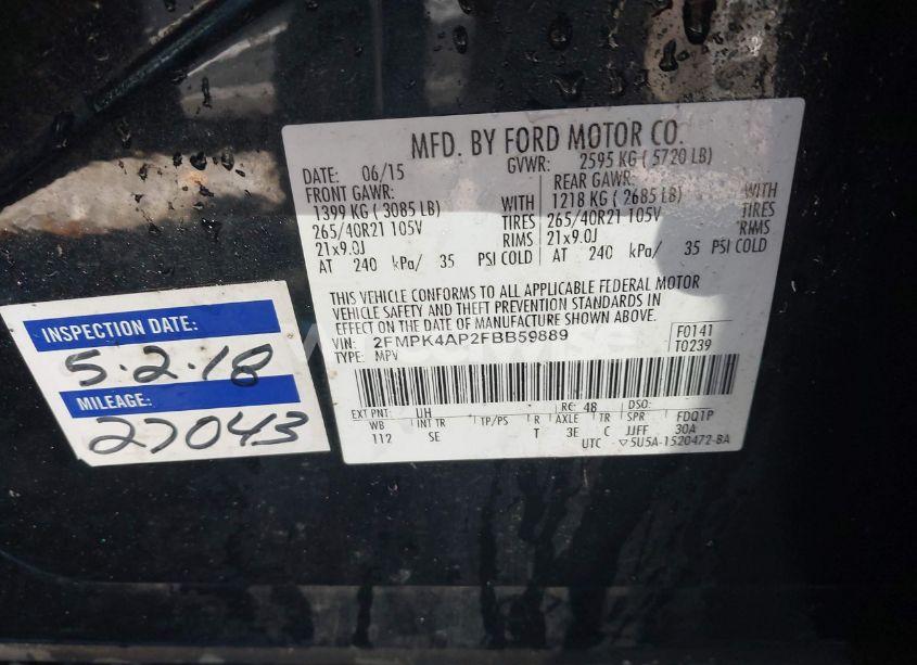 Photo 9 of 2015 Ford Edge SPORT (VIN 2FMPK4AP2FBB59889)