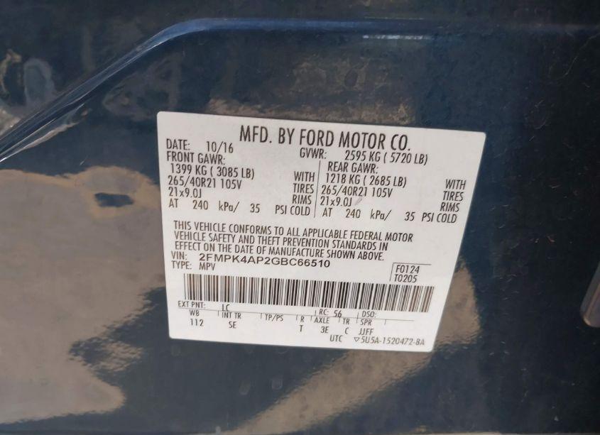 Photo 9 of 2016 Ford Edge SPORT (VIN 2FMPK4AP2GBC66510)