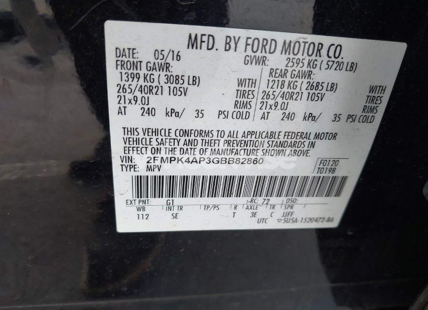 Photo 9 of 2016 Ford Edge SPORT (VIN 2FMPK4AP3GBB82860)