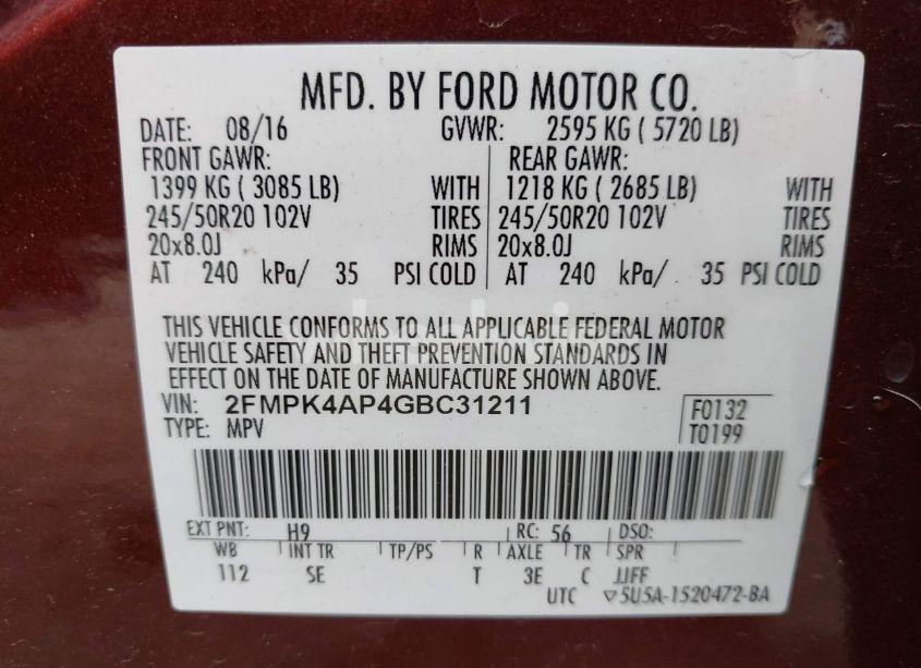 Photo 9 of 2016 Ford Edge SPORT (VIN 2FMPK4AP4GBC31211)