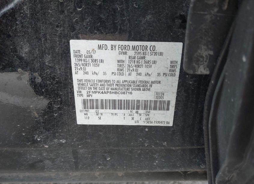 Photo 9 of 2017 Ford Edge SPORT (VIN 2FMPK4AP5HBC08716)