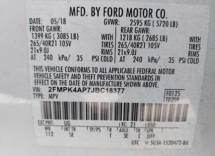 Photo 9 of 2018 Ford Edge SPORT (VIN 2FMPK4AP7JBC18377)