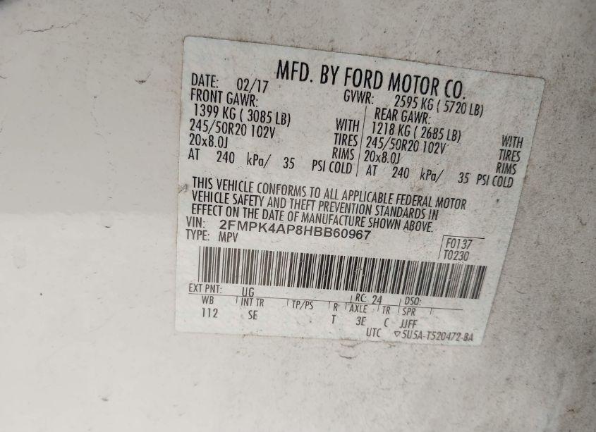 Photo 9 of 2017 Ford Edge SPORT (VIN 2FMPK4AP8HBB60967)