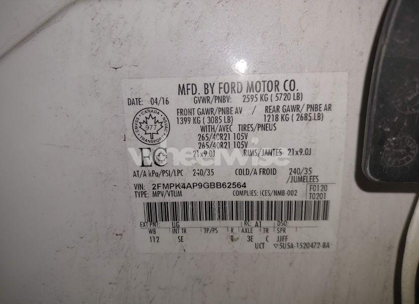Photo 9 of 2016 Ford Edge SPORT (VIN 2FMPK4AP9GBB62564)