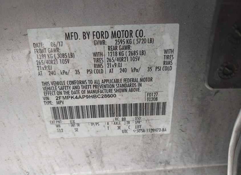 Photo 9 of 2017 Ford Edge SPORT (VIN 2FMPK4AP9HBC28600)