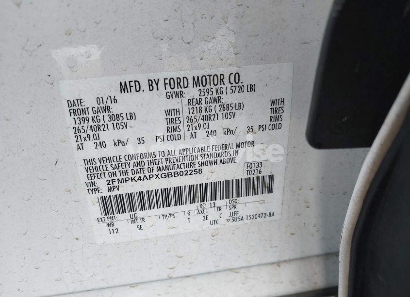 Photo 9 of 2016 Ford Edge SPORT (VIN 2FMPK4APXGBB02258)