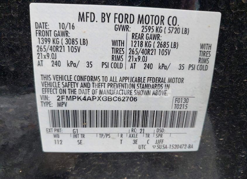 Photo 9 of 2016 Ford Edge SPORT (VIN 2FMPK4APXGBC62706)