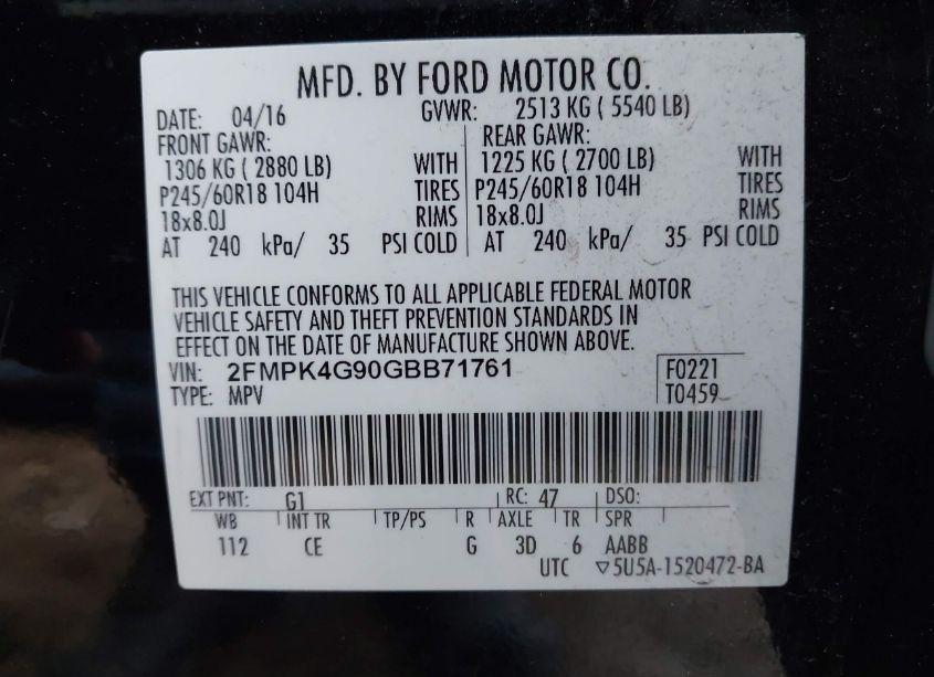 Photo 9 of 2016 Ford Edge SE (VIN 2FMPK4G90GBB71761)