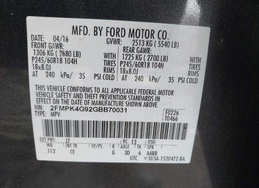 Photo 9 of 2016 Ford Edge SE (VIN 2FMPK4G92GBB70031)