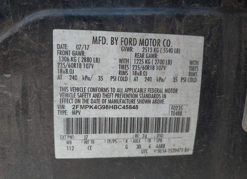 Photo 9 of 2017 Ford Edge SE (VIN 2FMPK4G98HBC45848)