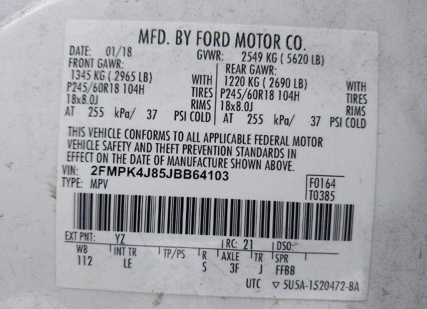 Photo 9 of 2018 Ford Edge SEL (VIN 2FMPK4J85JBB64103)