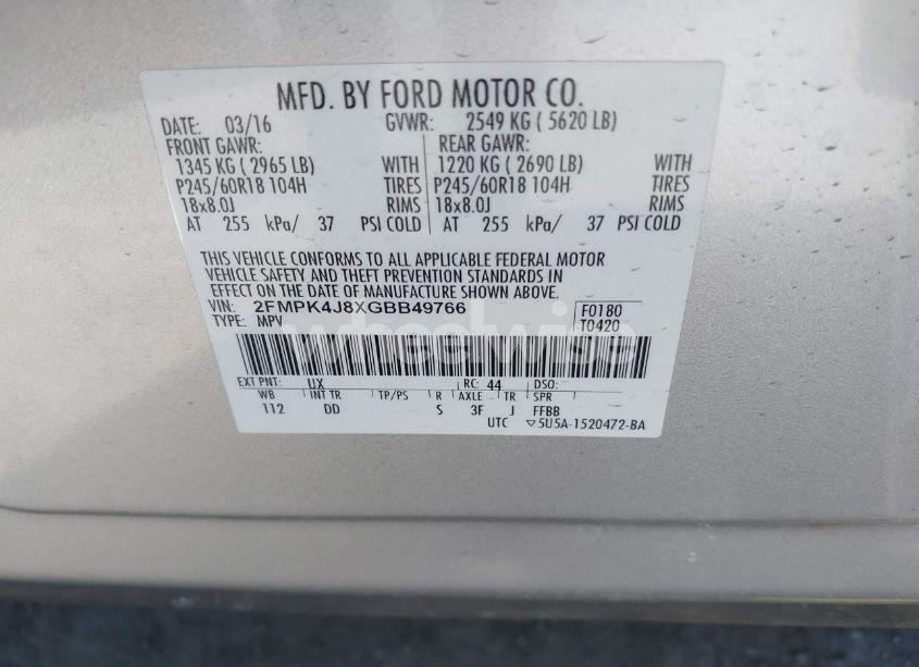 Photo 9 of 2016 Ford Edge SEL (VIN 2FMPK4J8XGBB49766)