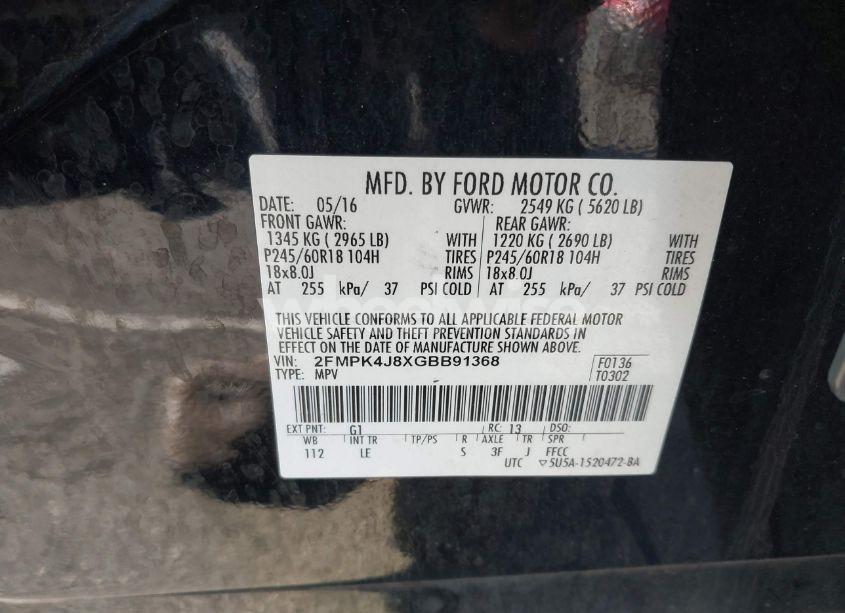 Photo 9 of 2016 Ford Edge SEL (VIN 2FMPK4J8XGBB91368)