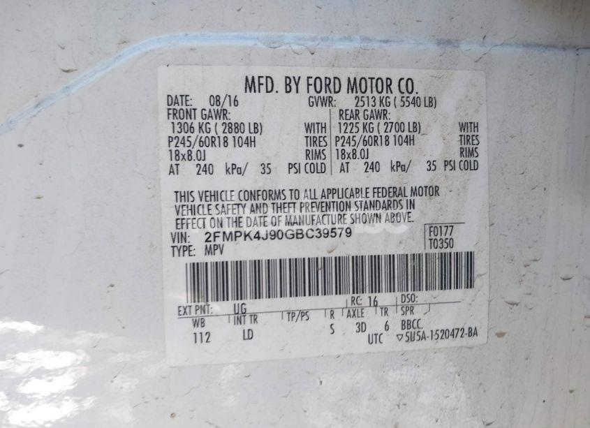 Photo 9 of 2016 Ford Edge SEL (VIN 2FMPK4J90GBC39579)