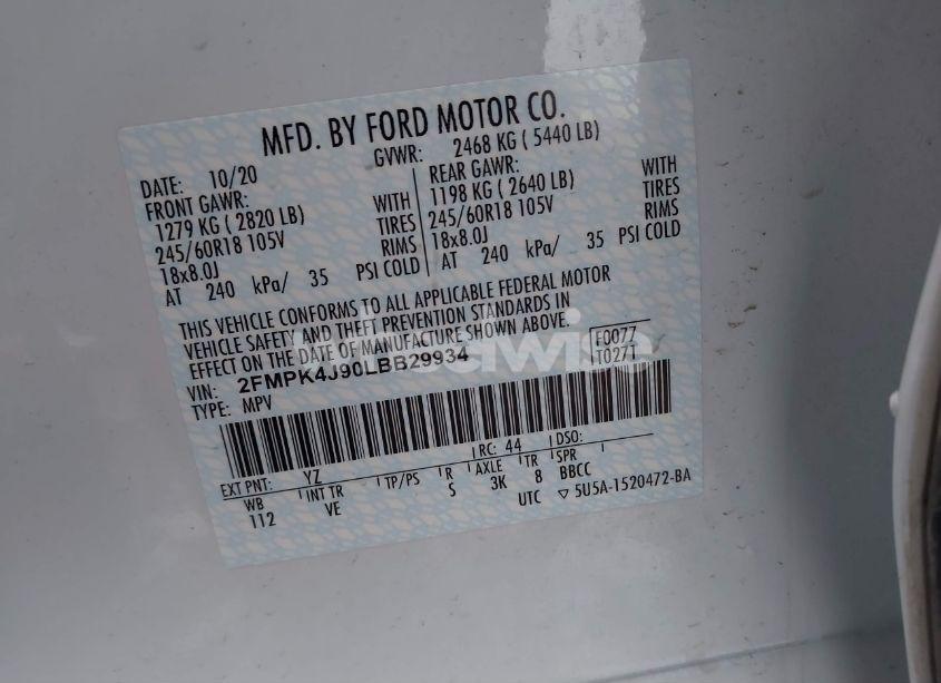 Photo 9 of 2020 Ford Edge SEL (VIN 2FMPK4J90LBB29934)