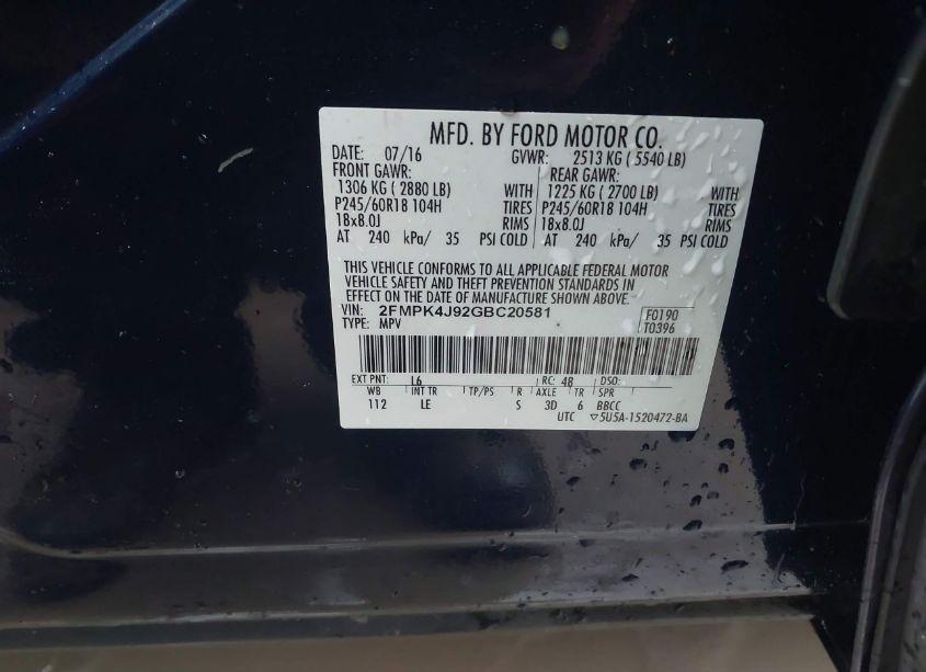 Photo 9 of 2016 Ford Edge SEL (VIN 2FMPK4J92GBC20581)