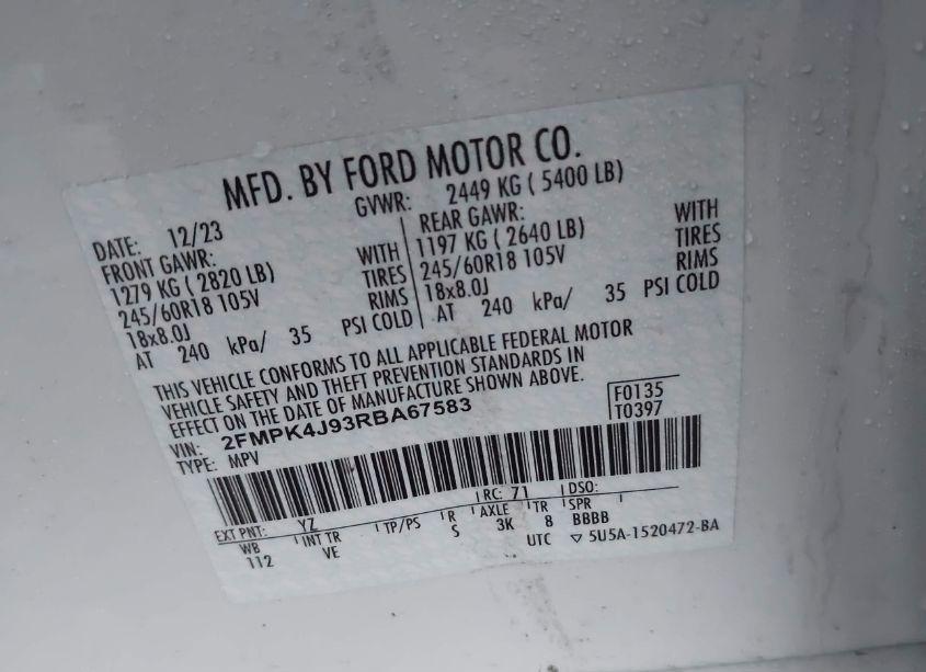 Photo 9 of 2024 Ford Edge SEL (VIN 2FMPK4J93RBA67583)