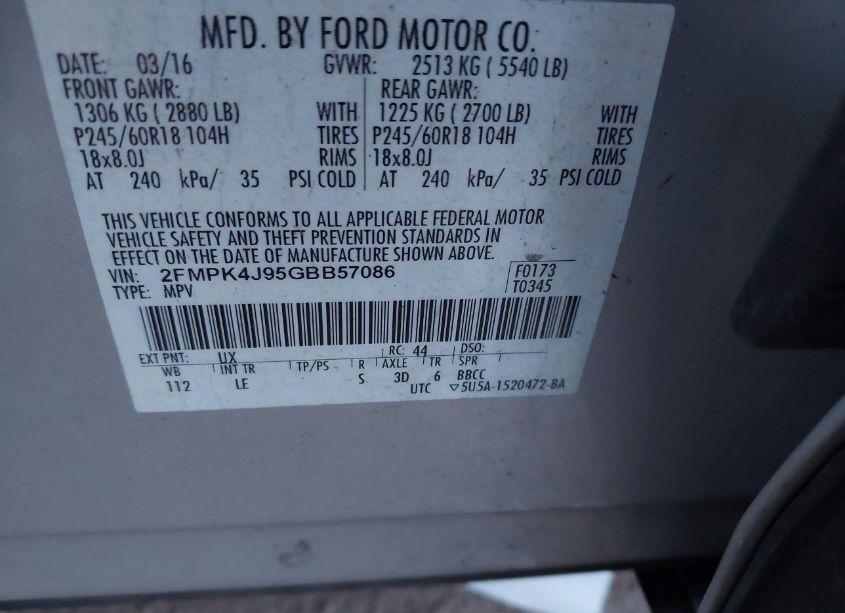 Photo 9 of 2016 Ford Edge SEL (VIN 2FMPK4J95GBB57086)