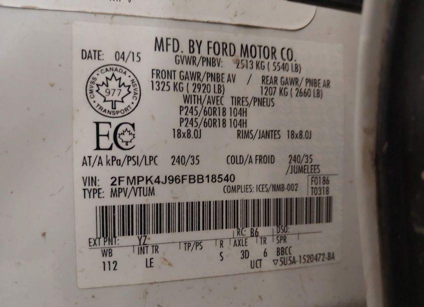 Photo 9 of 2015 Ford Edge SEL (VIN 2FMPK4J96FBB18540)