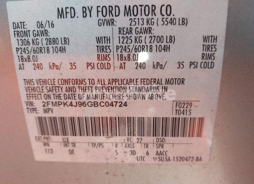 Photo 9 of 2016 Ford Edge SEL (VIN 2FMPK4J96GBC04724)