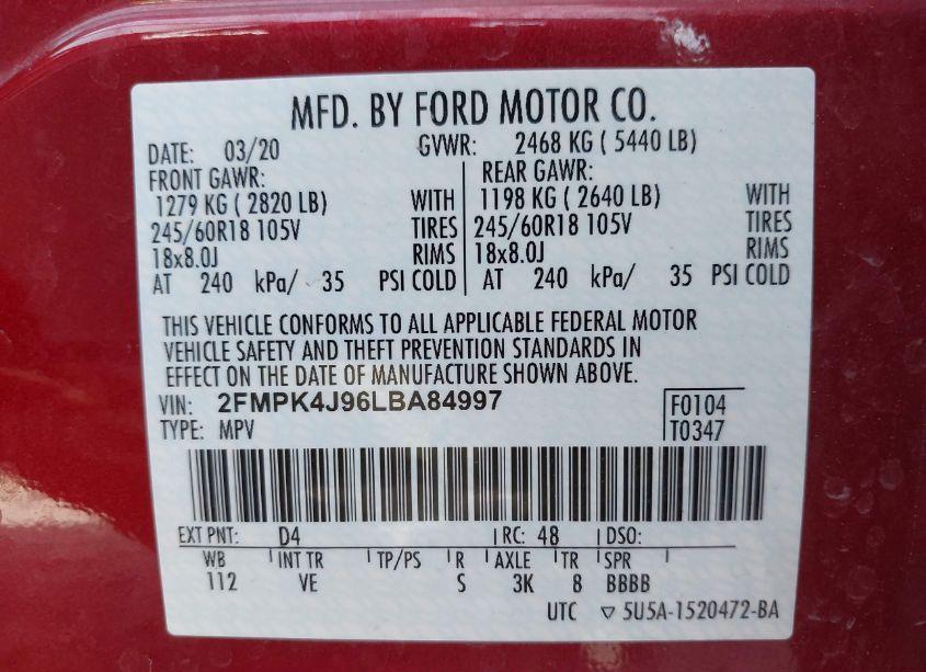 Photo 9 of 2020 Ford Edge SEL (VIN 2FMPK4J96LBA84997)